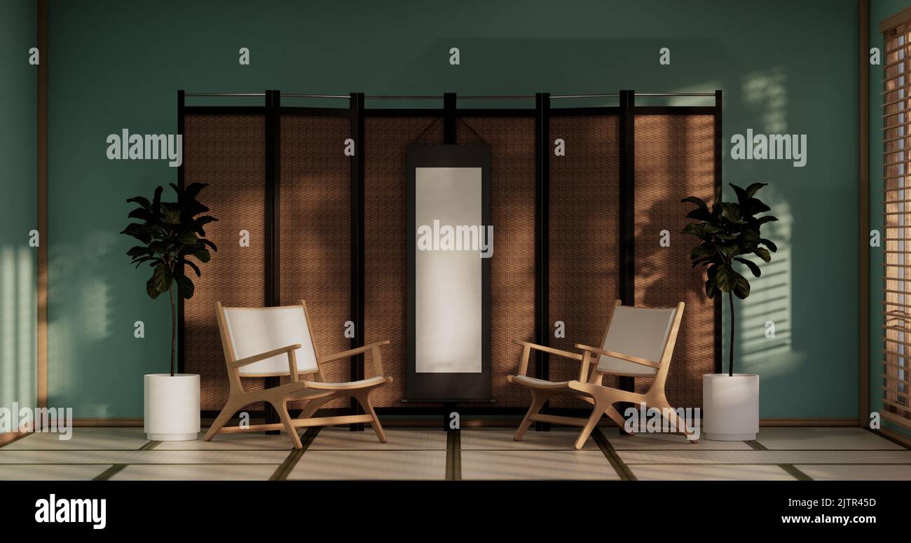 Light blue Living room has decorated with lamps and plants trees .3d