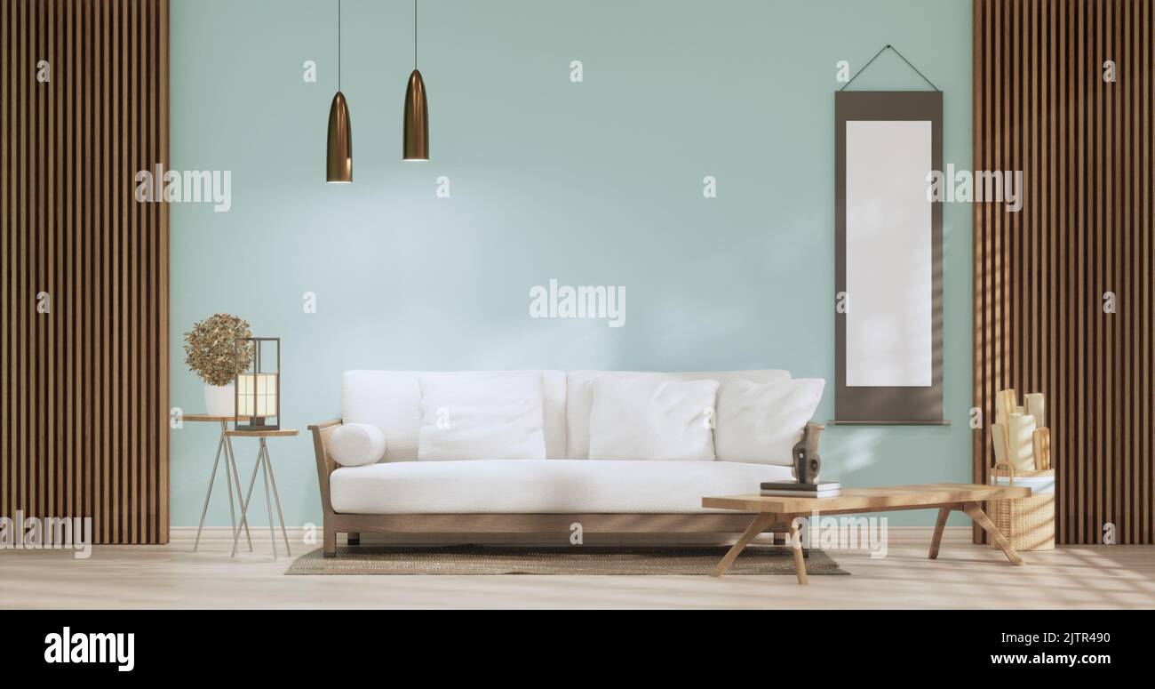 Light blue Living room has decorated with lamps and plants trees .3d