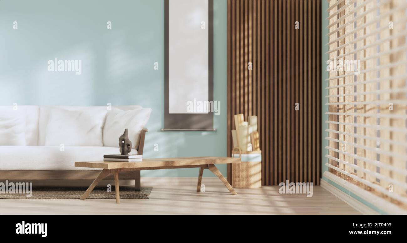 Light blue Living room has decorated with lamps and plants trees .3d