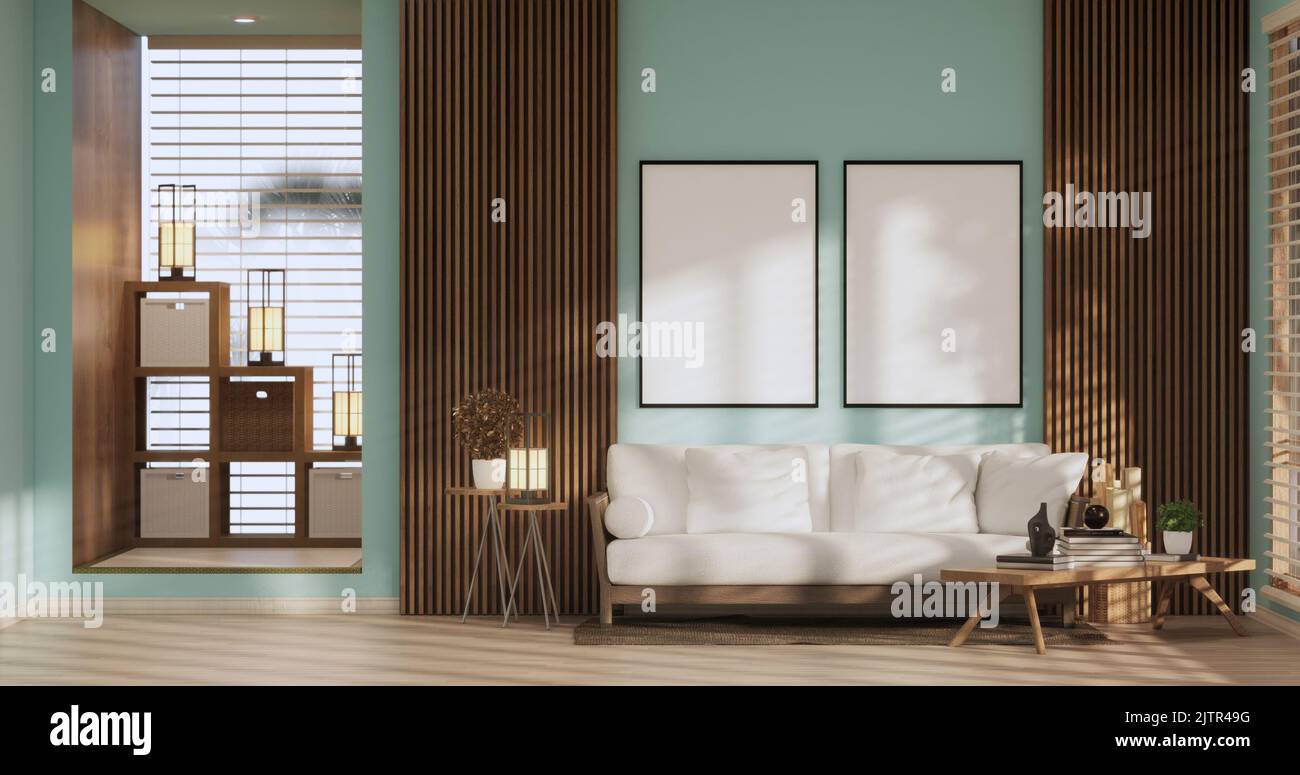 Light blue Living room has decorated with lamps and plants trees .3d