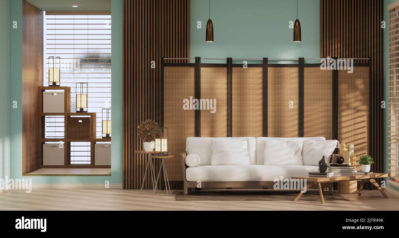 Light blue Living room has decorated with lamps and plants trees .3d