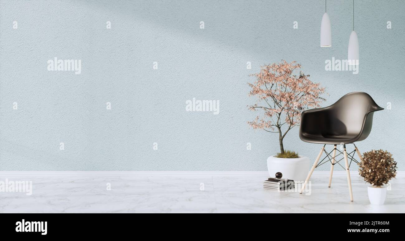 Light blue Living room has decorated with lamps and plants trees .3d