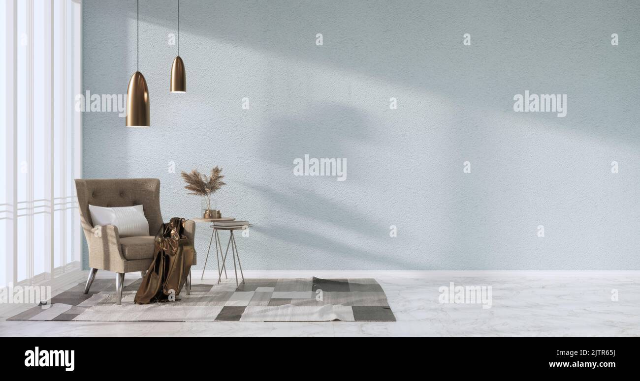 Light blue Living room has decorated with lamps and plants trees .3d