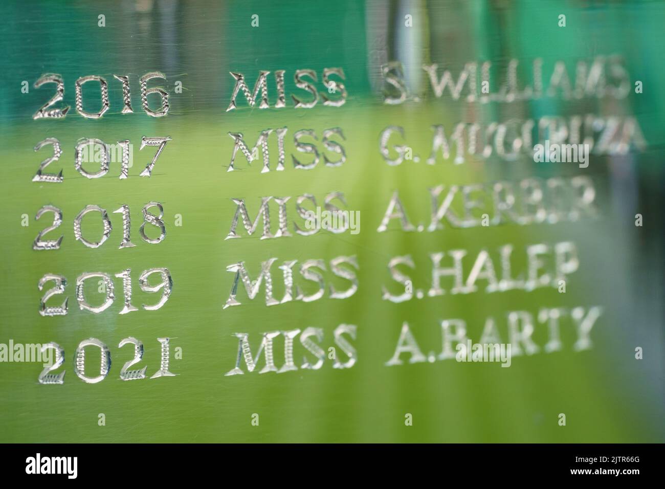 Engraved names of Wimbledon Women's Singles Champions on the  winner's trophy - the Venus Rosewater Dish and missing 2022 year due to the pandemic Stock Photo