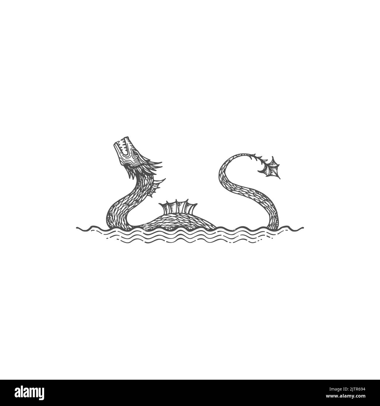 Ancient sea serpent dragon leviathan animal sketch isolated monochrome icon. Vector abaia fantastic fierce, mystic danger mythical depth horror, retro biblical history leviathan animal in ocean waves Stock Vector
