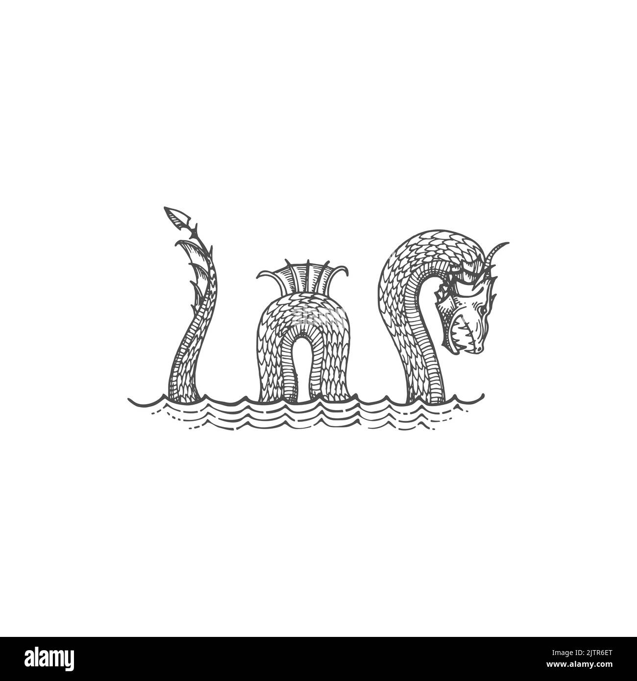 Serpent dragon, ancient aged big deep loch fin demon, mystic danger mythical depth horror isolated monochrome sketch icon. Vector retro biblic history leviathan animal, abaia fantastic fierce Stock Vector