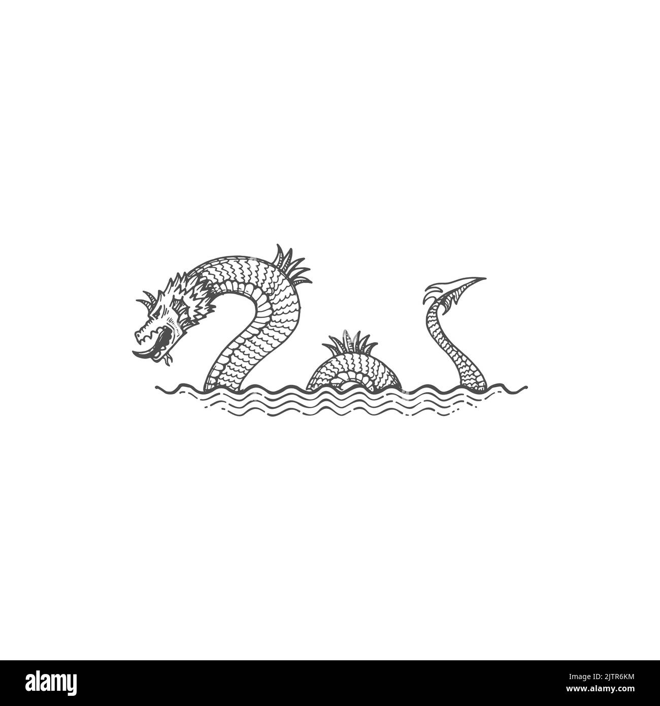 Sea serpent dragon bakunawa isolated water beast sketch icon. Vector mythological dragon in sea or ocean water waves, underworld mythical creature. Fairytale underwater animal, vintage giant dragon Stock Vector