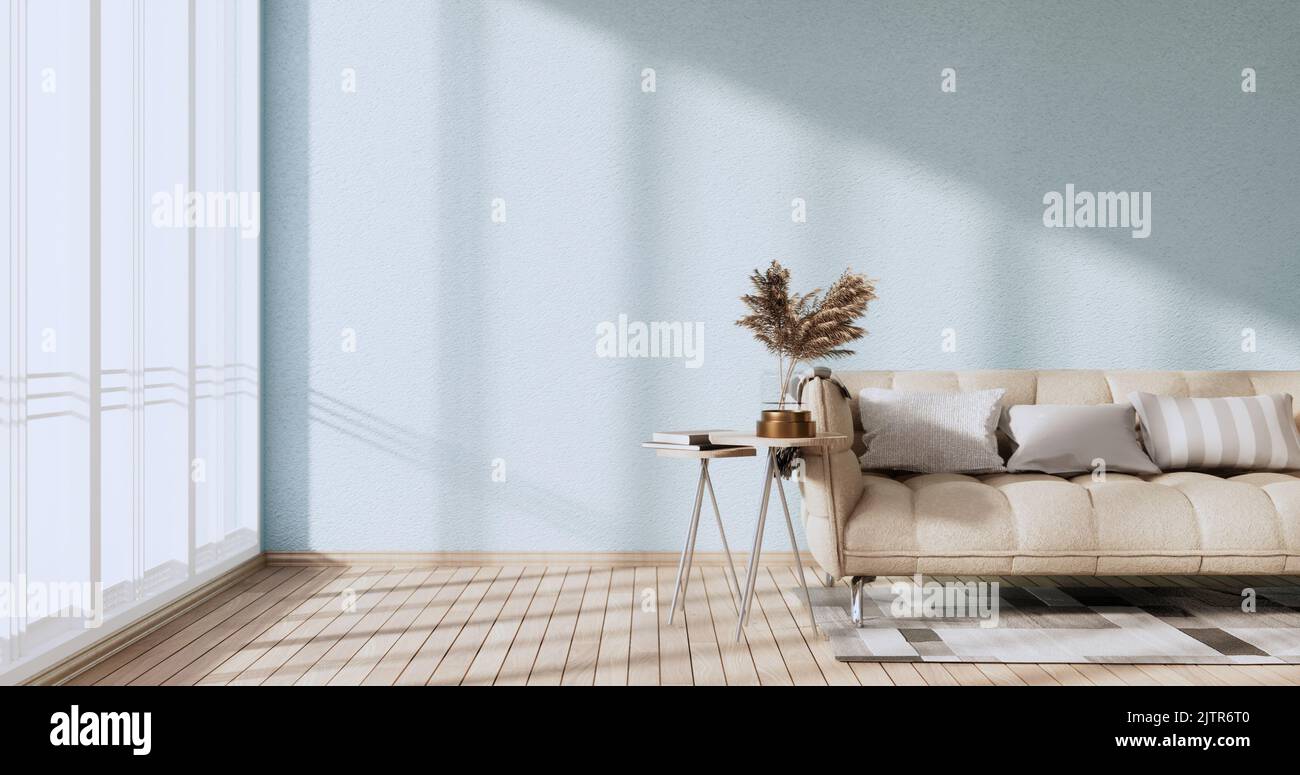Light blue Living room has decorated with lamps and plants trees .3d