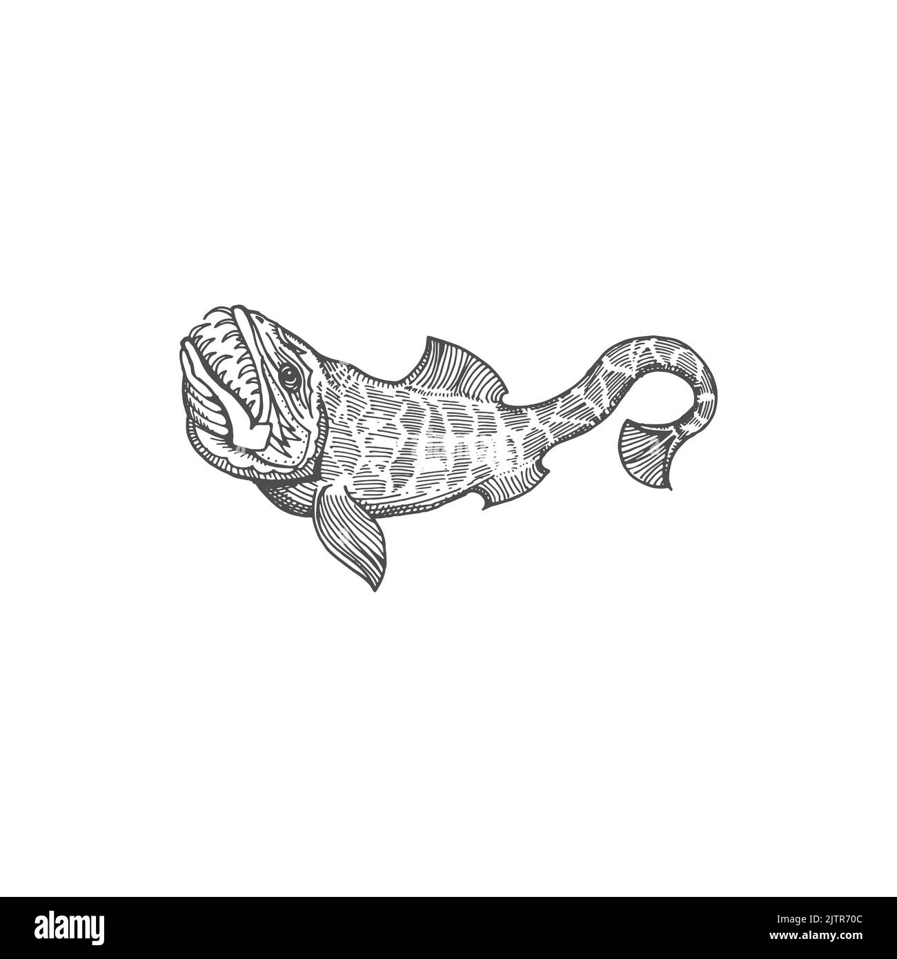 Lyngbakr hafgufa underwater beast fish with jaws isolated monochrome sketch icon. Vector massive fish sea monster mythical aquatic creature dragonfish Stock Vector
