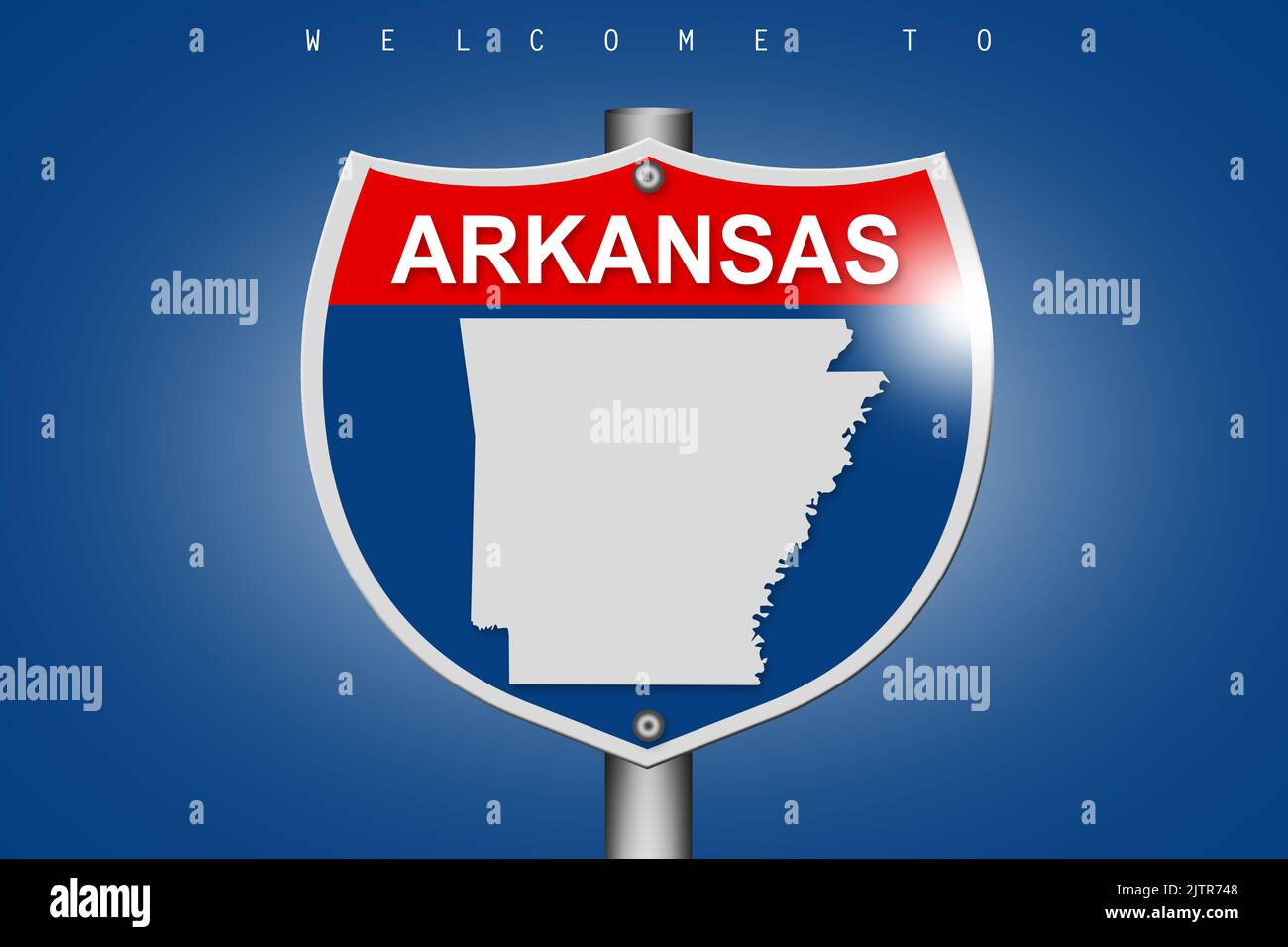 Arkansas on highway road sign over blue background, 3d rendering Stock