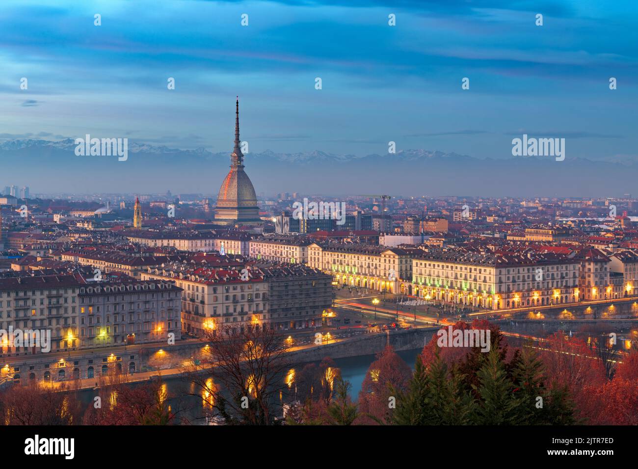 Turin, Piedmont, Italy skyline with the Mole Antonelliana at dusk. Stock Photo