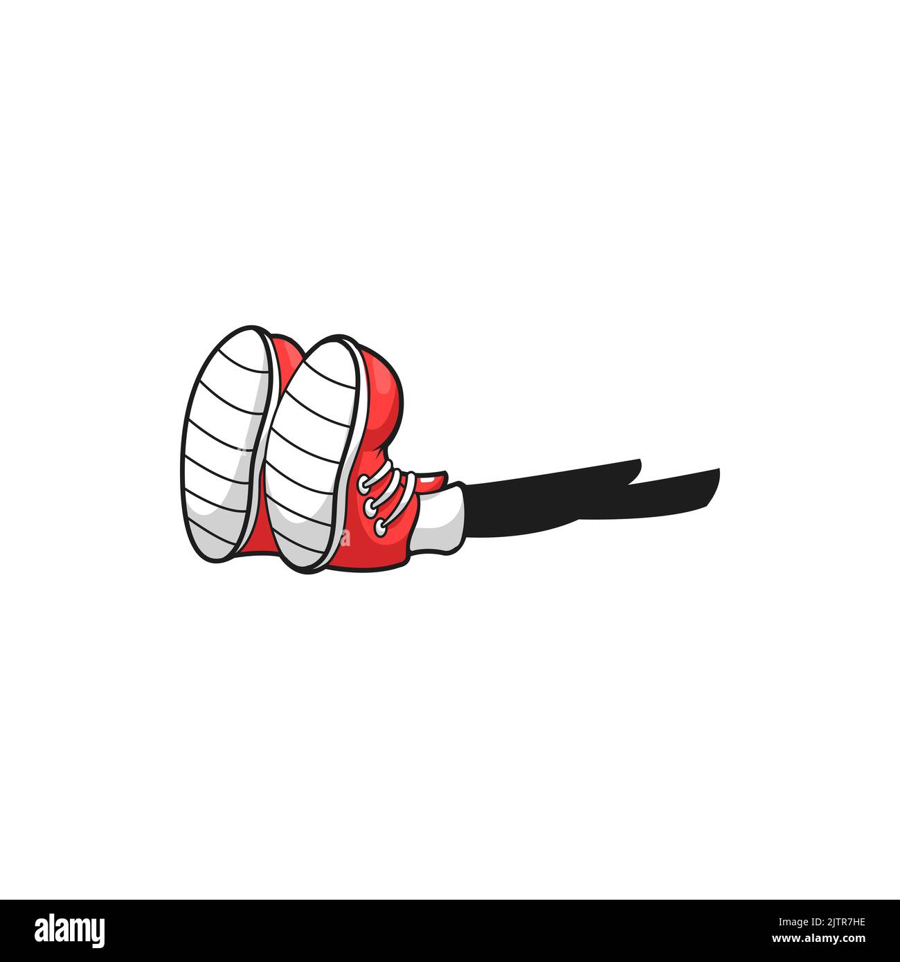 Comic foots in red sport shoes sitting on floor isolated cartoon legs