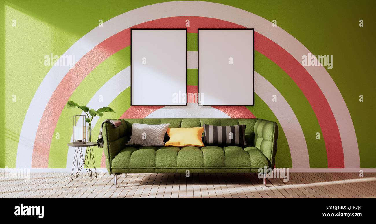 Green and pink wall on living room two tone colorful design.3D