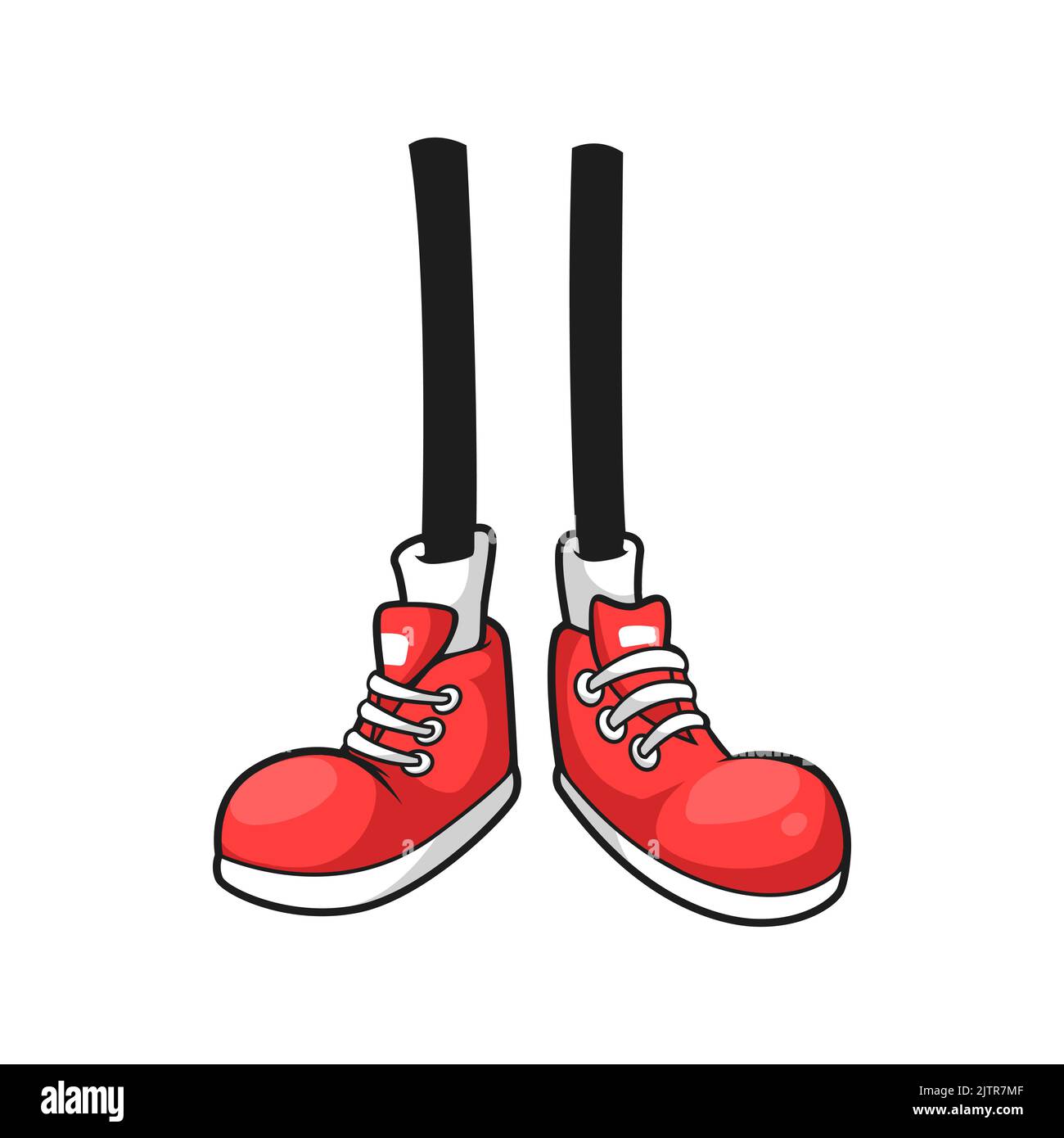 Cartoon foots in red big shoes with white laces isolated comic footwear