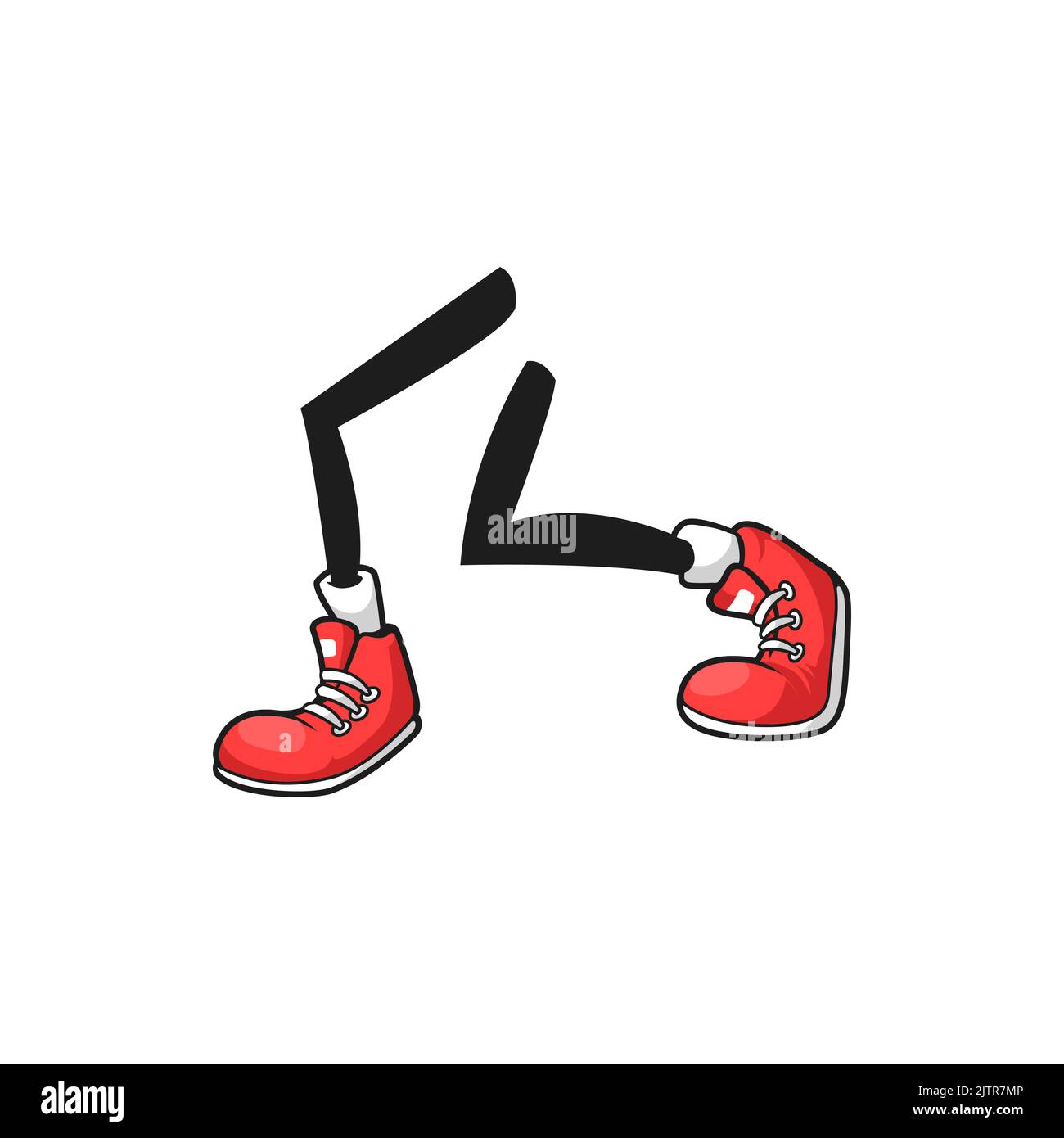Pair of comic foots in red shoes, rubber trainers isolated cartoon style dancing legs. Vector urban style feet, run and gym symbol. Funny legs of athletic character, sneakers with white laces and sole Stock Vector