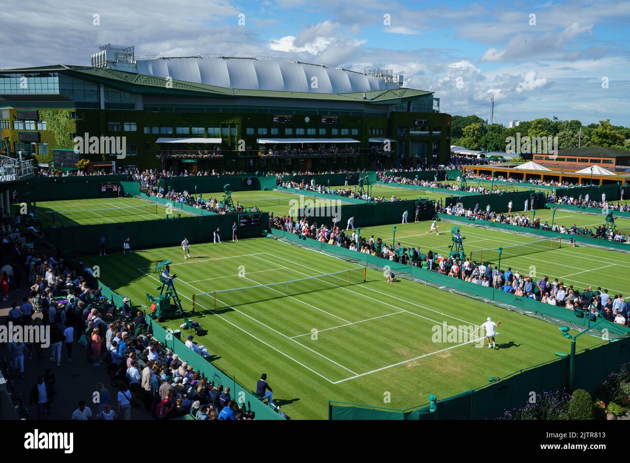 General Views of Court 8 with Maximilian Marterer and Aljaz Bedene at The Championships 2022. Held at The All England Lawn Tennis Club, Wimbledon. Stock Photo