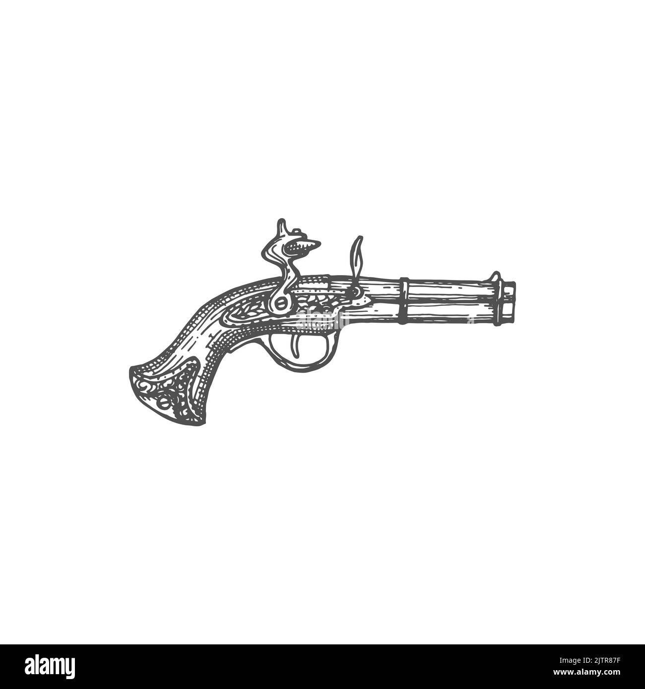 Musket gun weapon of pirates isolated monochrome sketch icon. Vector ancient shotgun rifle with gunpowder and coupler trigger, medieval firearm antique shotgun, firelock rifle, gunnery arsenal Stock Vector