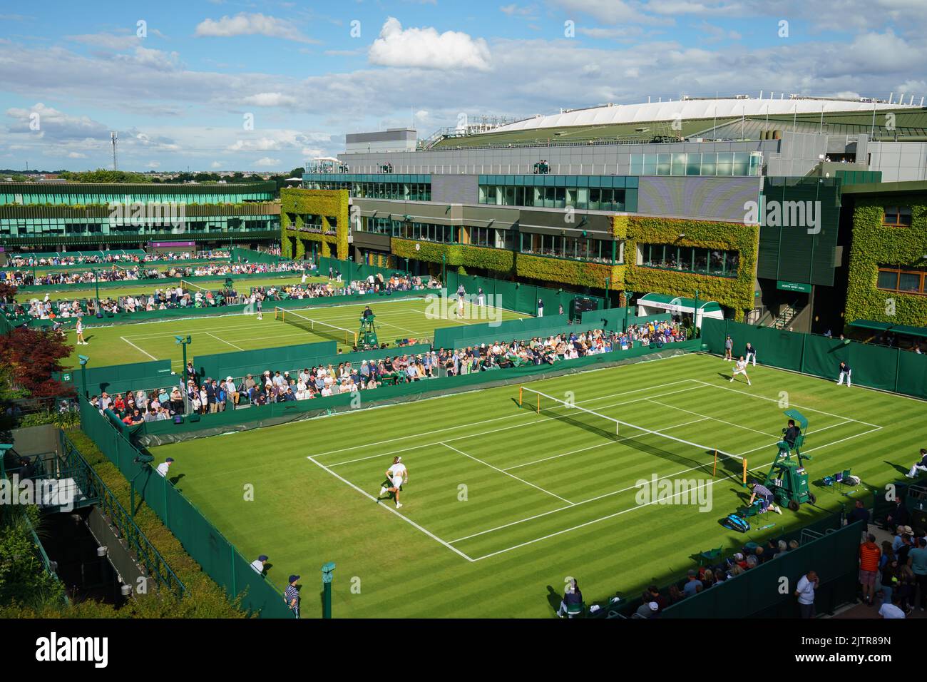 General Views of Court 14 with Adrian Mannarino and Max Purcell at The Championships 2022. Held at The All England Lawn Tennis Club, Wimbledon. Stock Photo