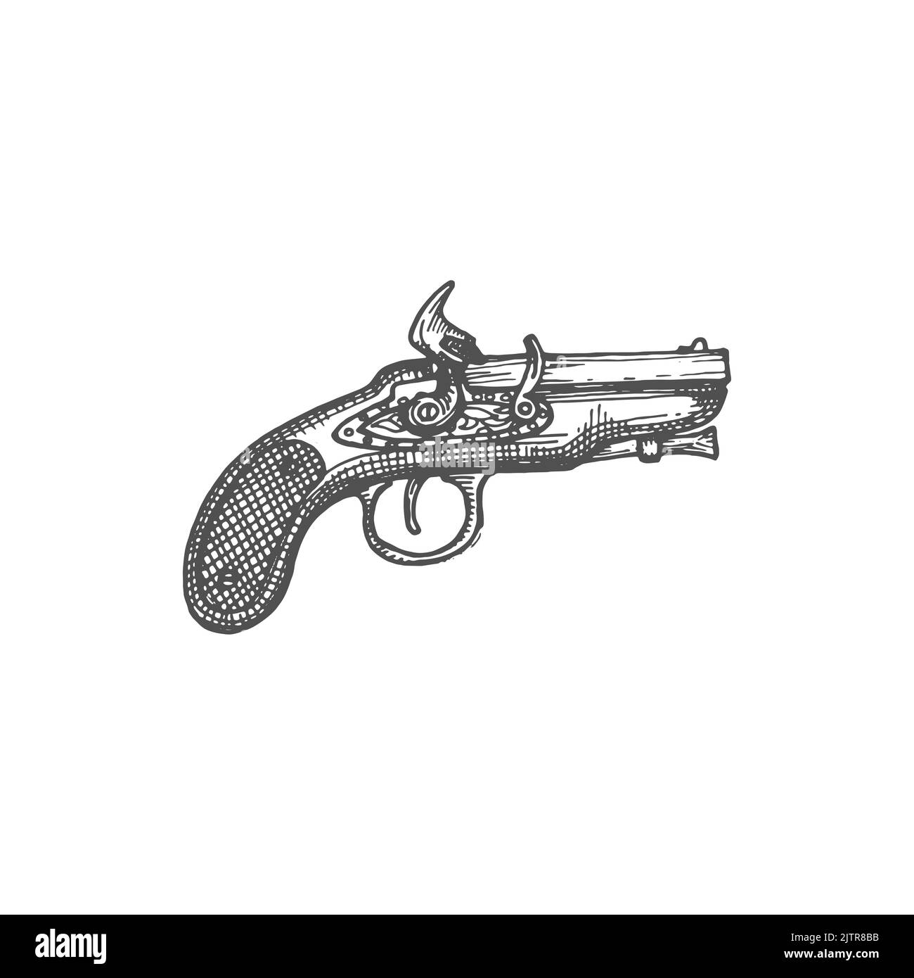 Flintlock pistol musket revolver handgun isolated duel gun with trigger monochrome sketch icon. Vector retro blunderbuss weapon of pirates and cowboys, ancient shotgun rifle with gunpowder Stock Vector