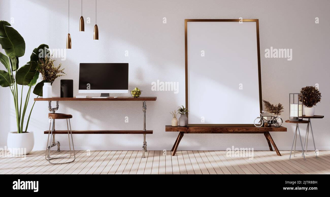 Mock up office table desk. blank computer screen in office modern room ...