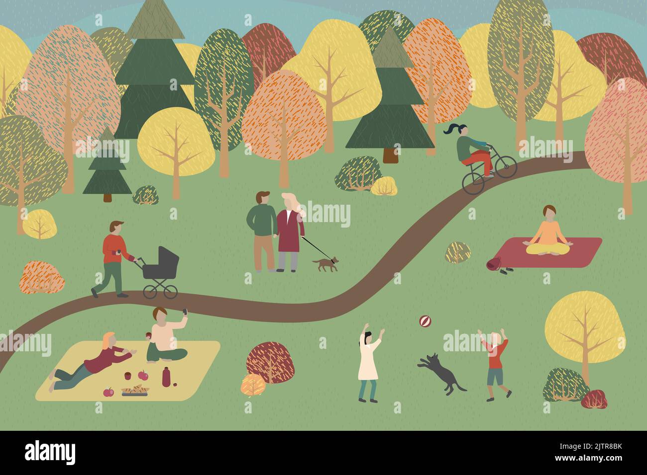 People in park in autumn. Happy men and women walking with dog, having picnic, kids playing with a ball, doing yoga outdoor, nature romantic dates, ri Stock Vector