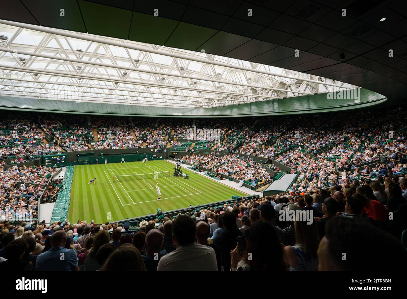 General Views of No.1 Court with Carlos Alcaraz and Jan-Lennard Struff at The Championships 2022. Held at The All England Lawn Tennis Club, Wimbledon. Stock Photo