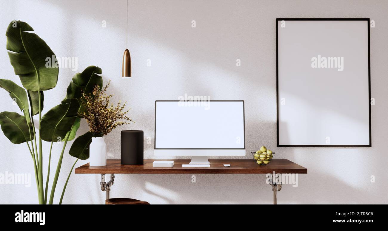Mock up office table desk. blank computer screen in office modern room ...