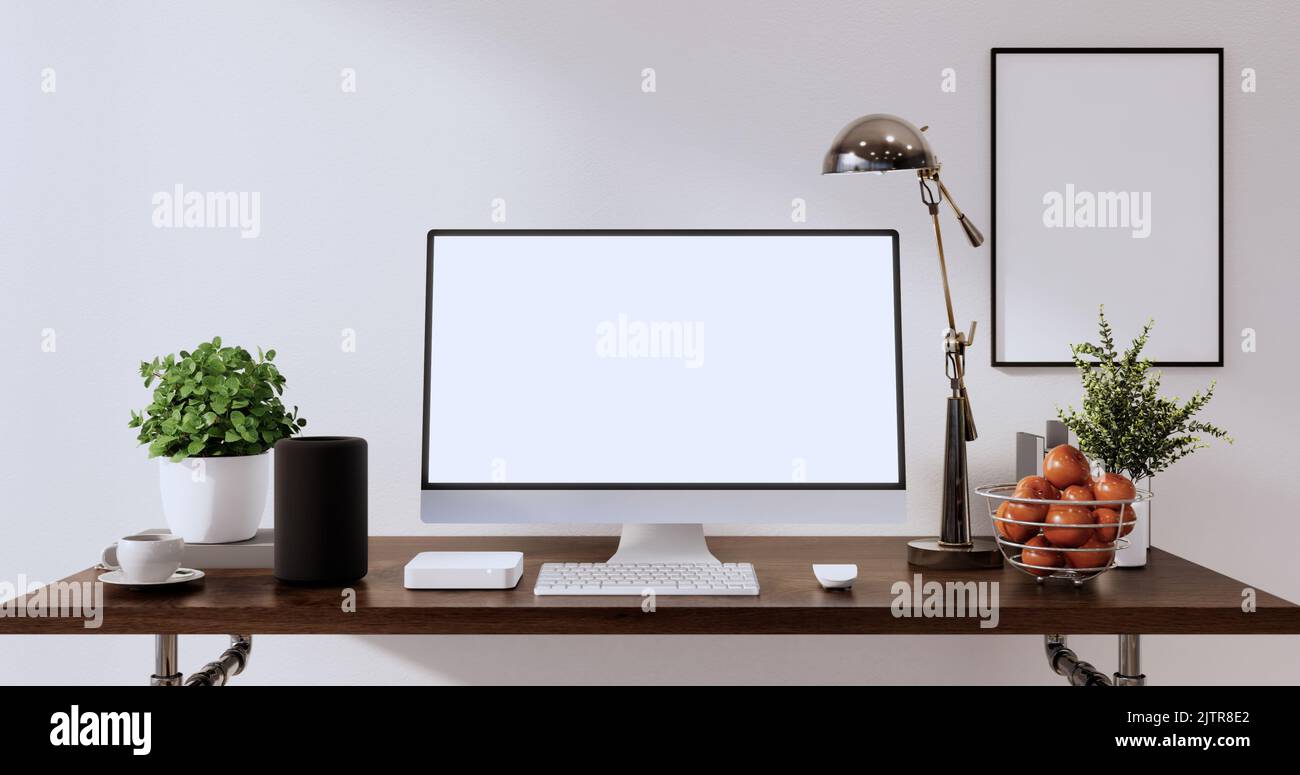 Mock up office table desk. blank computer screen in office modern room ...