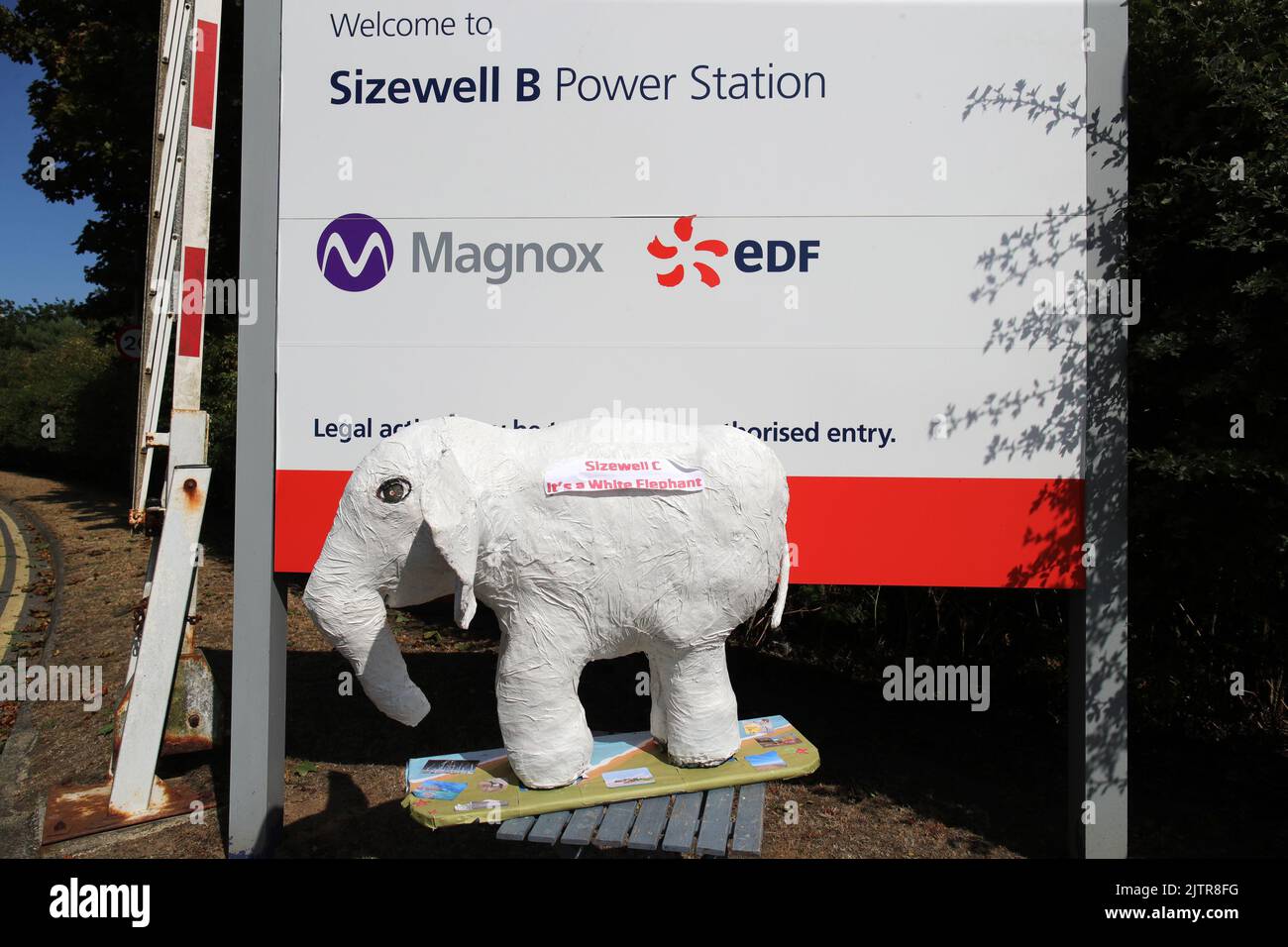 A white elephant belonging to protesters from the Stop Sizewell C and Together Against Sizewell C campaign groups outside EDF's Sizewell B nuclear power station in Suffolk, as Prime Minister Boris Johnson announced £700m of Government funding for a new reactor at the plant, during his visit. Picture date: Thursday September 1, 2022. Stock Photo