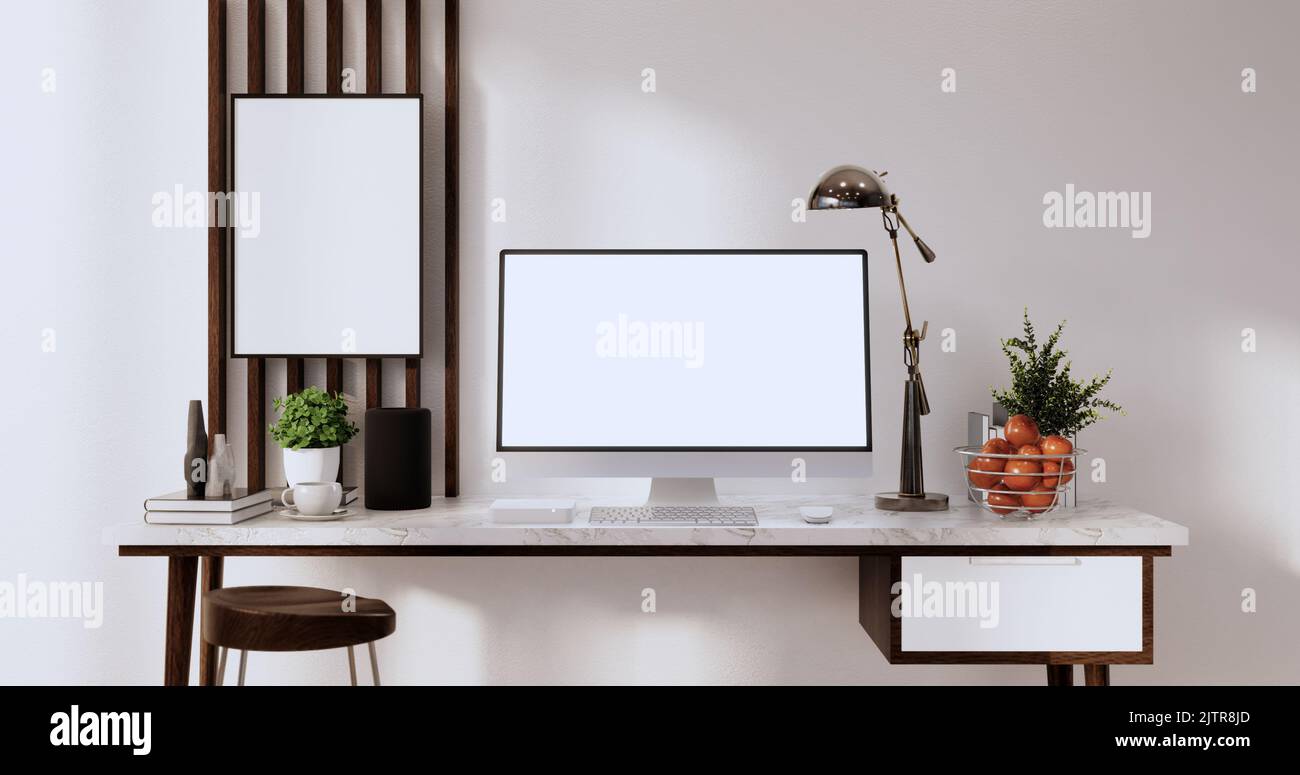 Mock up office table desk. blank computer screen in office modern room ...