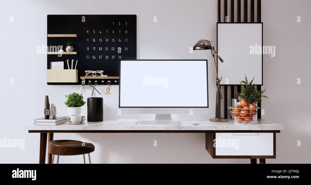 Mock up office table desk. blank computer screen in office modern room ...