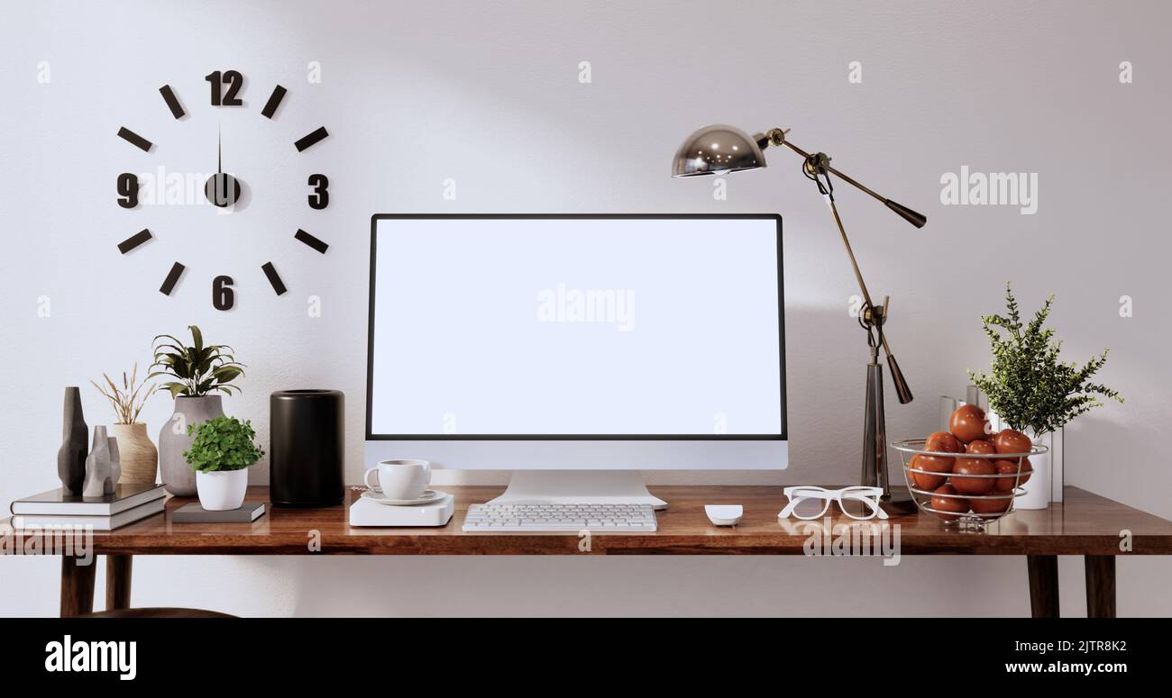 Mock up office table desk. blank computer screen in office modern room ...