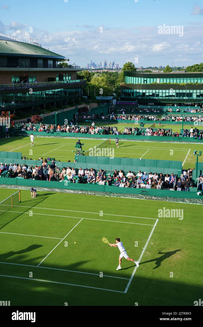 General Views of Court 14 with Miomir Kecmanovic and John Millman at The Championships 2022. Held at The All England Lawn Tennis Club, Wimbledon. Stock Photo