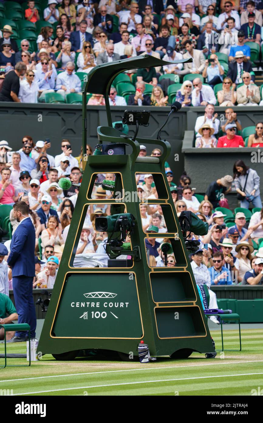 Special centenary edition of the Umpire’s Chair on Centre Court at The Championships 2022. Held at The All England Lawn Tennis Club, Wimbledon. Stock Photo