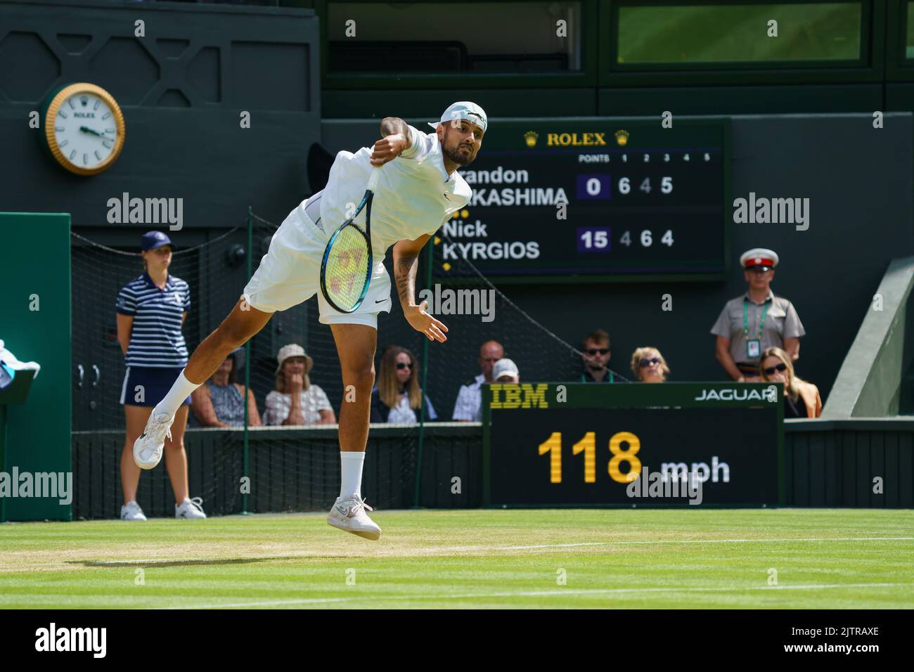 Nick Kyrgios of Australia in action on Centre Court at The Championships 2022. Held at The All England Lawn Tennis Club, Wimbledon. Stock Photo