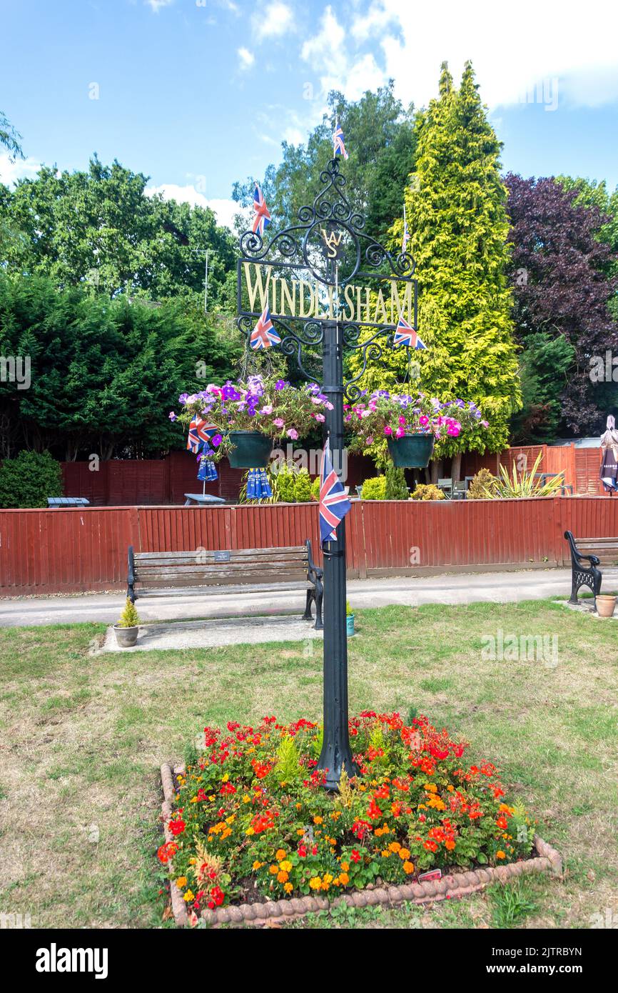 Windlesham village sign, Chertsey Road, Windlesham, Surrey, England, United Kingdom Stock Photo