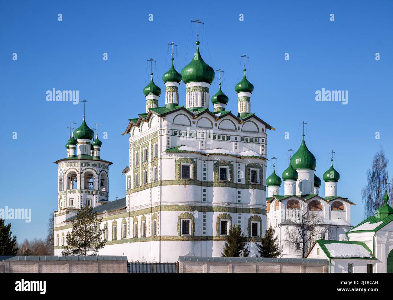 Vyazhishchi Convent of St. Nicholas in Velikiy Novgorod vicinity, Russia. Temples of the monastery decorated with ceramic tiles Stock Photo