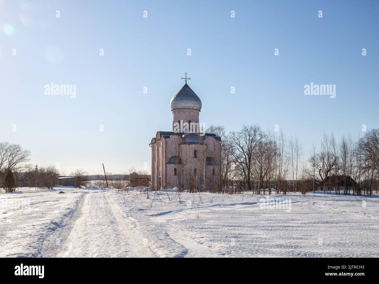 Saviour Church on Nereditsa in Velikiy Novgorod vicinity, Russia. Winter countryside landscape with ancient orthodox temple. Architectural landmark, U Stock Photo