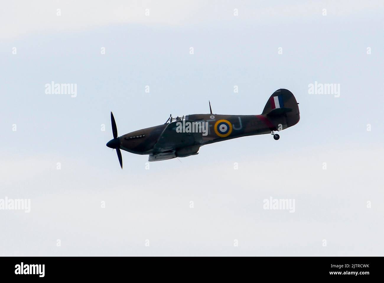 Bournemouth, Dorset, UK.  1st September 2022.  The RAF Battle of Britain Memorial Flight Hurricane performing a display during the first day of the Bournemouth Air Festival at Bournemouth in Dorset.  Picture Credit: Graham Hunt/Alamy Live News Stock Photo
