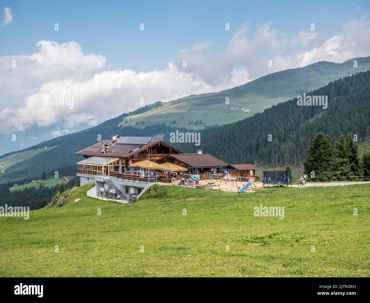 The image is of the Wiesenalm high alp recreation area located above the small town of Zell am Ziller in the Zillertal valley of the Austrian Tirol Stock Photo