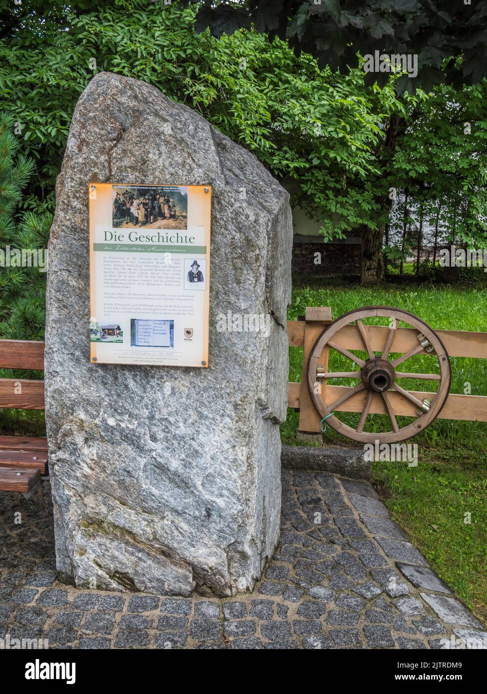 Die Geschichte is the memorial to 427 people from the village of Ramsau in the Zillertal valley who were expelled from the village in 1837 Stock Photo
