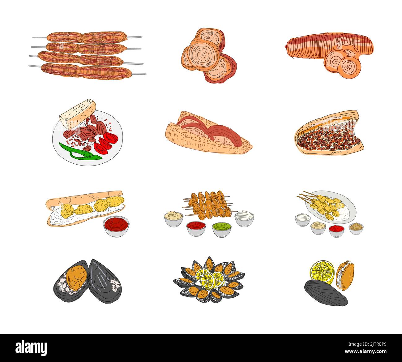 Mussels Design Kokorec, stuffed mussels, fried mussels, hand drawn vector design. Fast ...