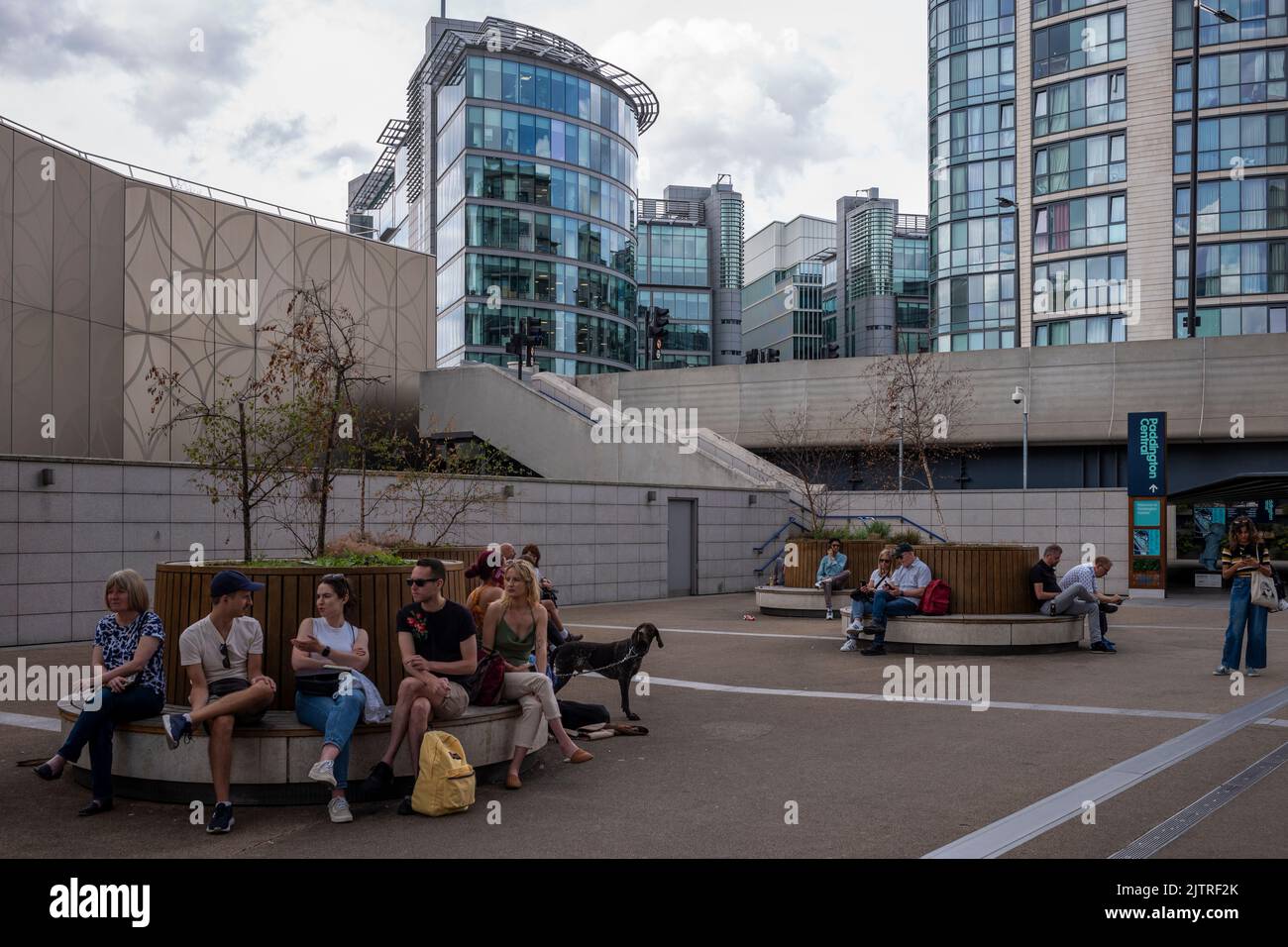 Paddington Basin, London. A regenerated area of Paddington, along the canal, with a walkway, cafes and restaurants along with modern apartments. Stock Photo