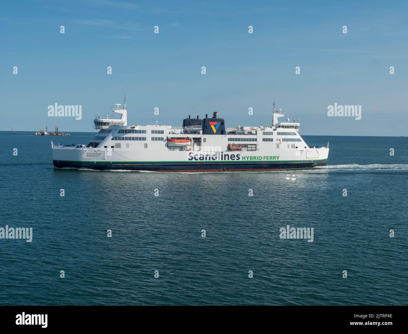 Rodbyhavn, Denmark, Agust 21, 2021: Close up view of Scandlines Hybrid Ferry boat on sea route Rodby - Puttgarden, between Denmark and Germany. Stock Photo