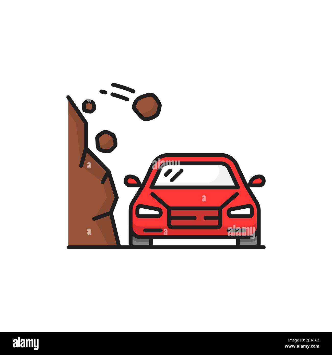 Landslide natural disaster isolated color line icon. Rocks falling on red car, travel road warning sign. Beware of rockfall mountain hill landslide Stock Vector