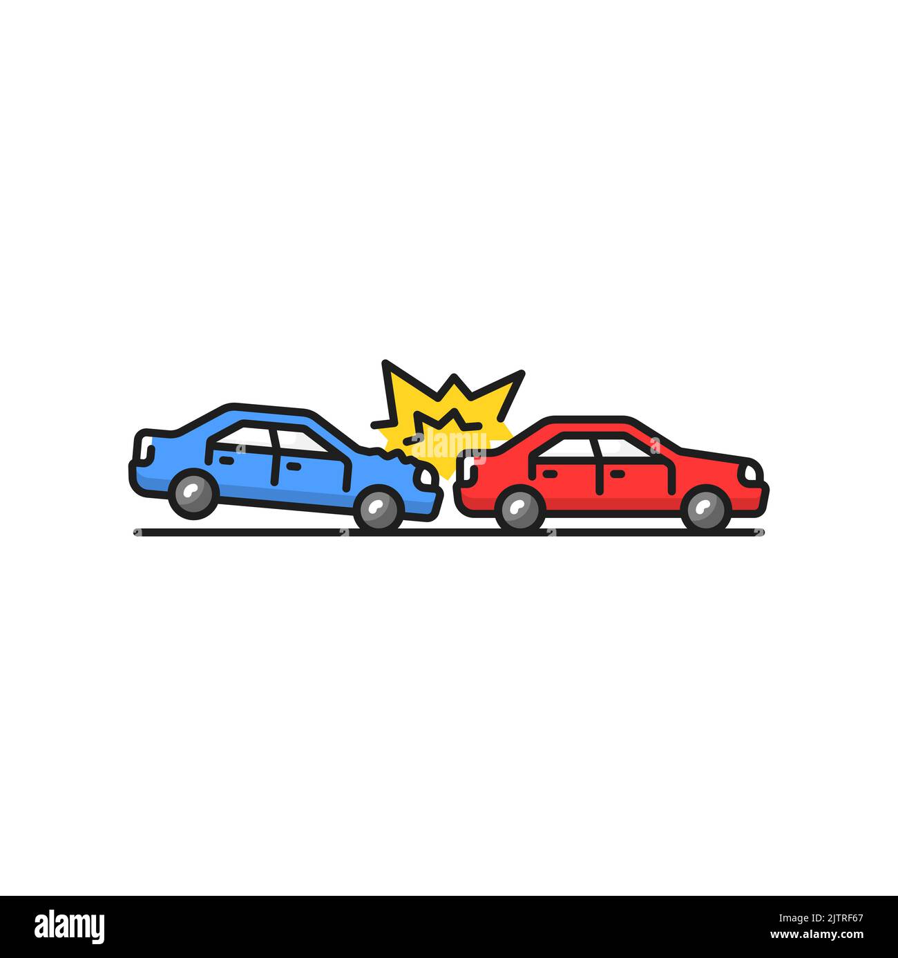 Hitting vehicle from behind vector accident in congested traffic, isolated color line icon. Rear-end collision, two damaged or crashed cars Stock Vector
