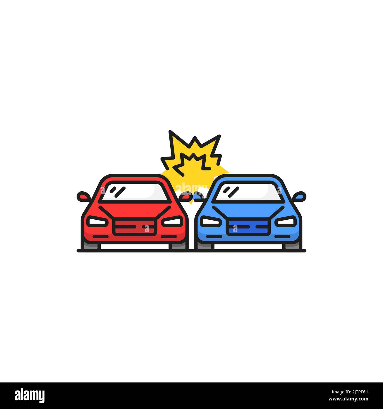 Side collision isolated color line icon. Broadside crash, vector car accident. Distracted driving, breakdown of two vehicles, damaged cars Stock Vector