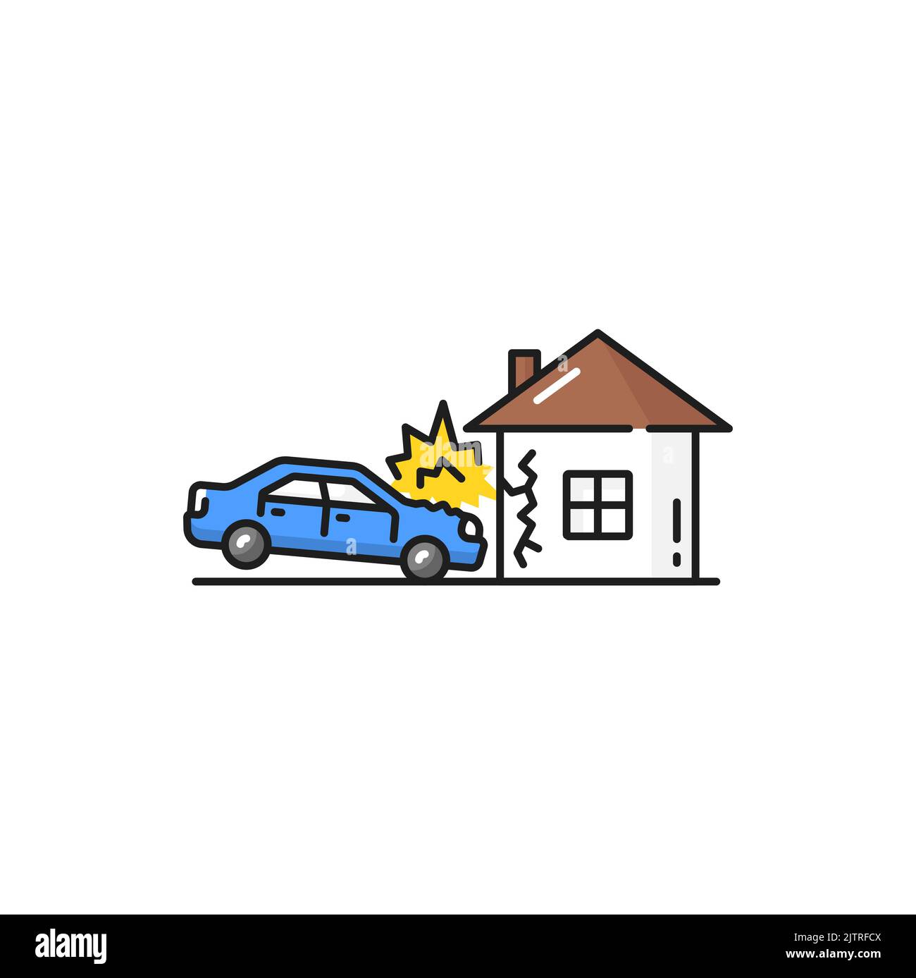 Auto crashed into wall of home isolated color line icon of car crash