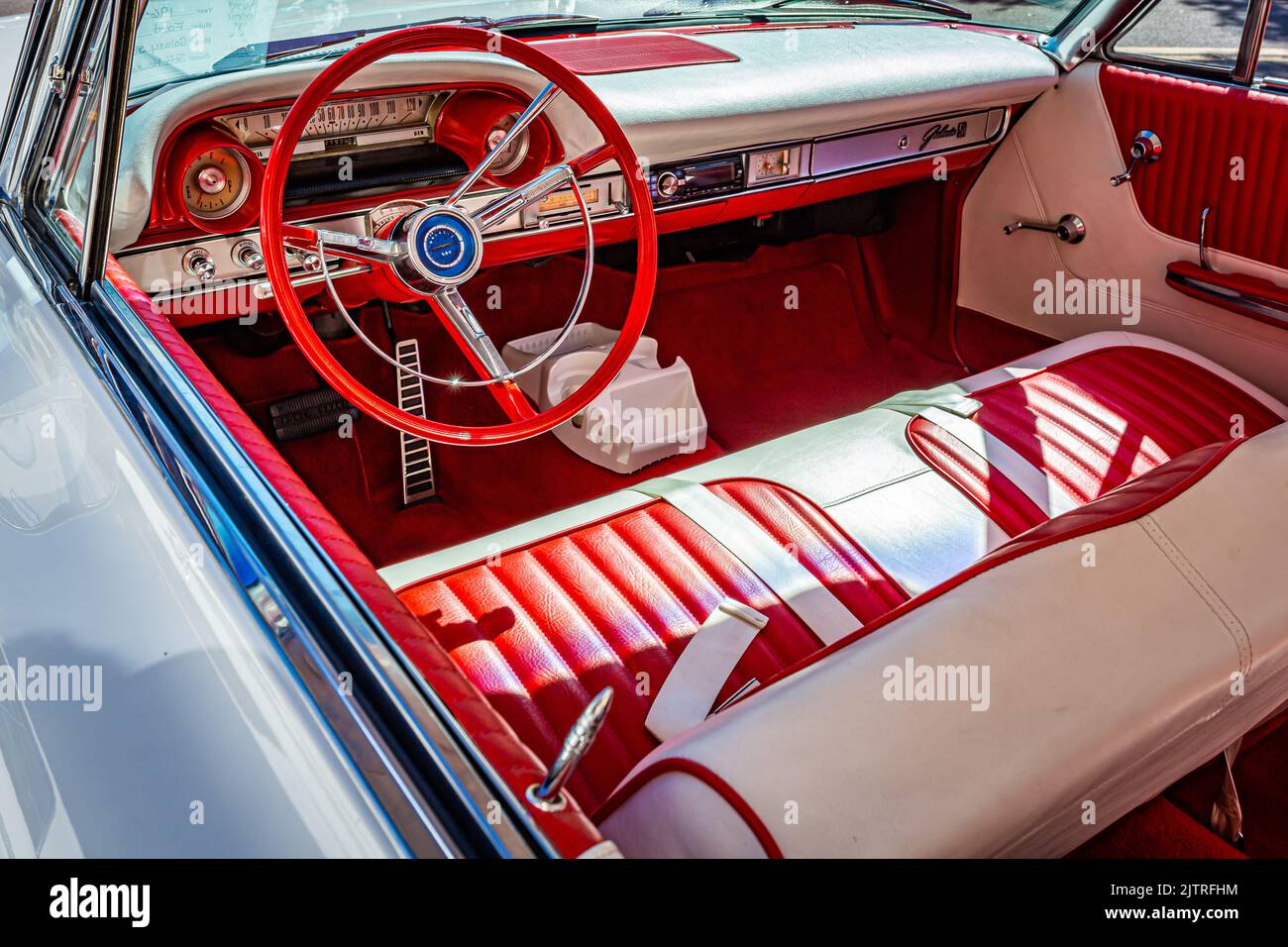 Fernandina Beach, FL - October 18, 2014: Wide angle interior view of a 1964 Ford Galaxie 500XL Hardtop at a downtown classic car show. Stock Photo