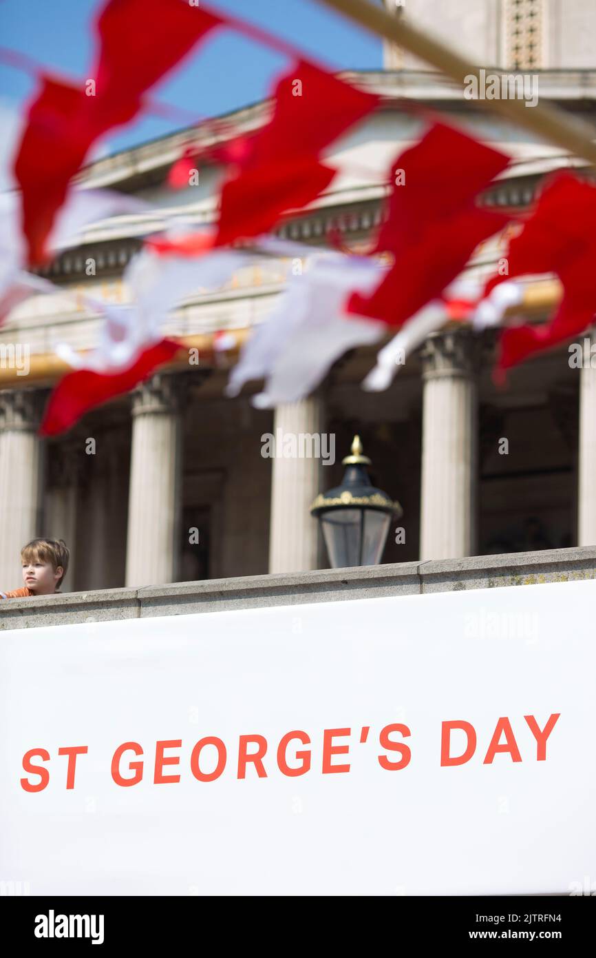 A spectator is seen behind decorations as people gather for St George’s Day celebrations in Trafalgar Square, central London. Stock Photo